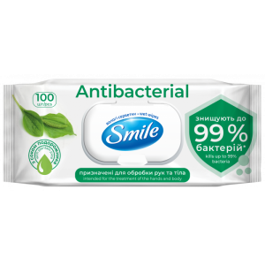 Салфетки влажные SMILE Antibacterial с подорожником, 100 шт., с клапаном	  - фото 1