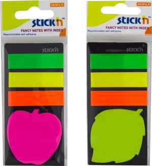 Блок бумажных стикеров и пластиковых закладок Stick'n, неоновые цвета, с липким слоем, 45 х 12 мм и 44 х 44 мм, яблоко - фото 1