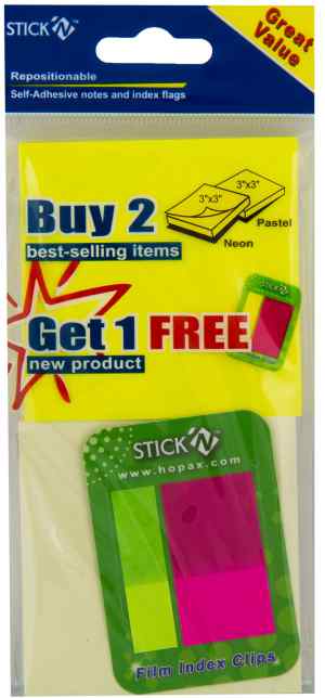 Блок бумажных стикеров и пластиковых закладок Stick'n, неоновые и пастельные цвета, с липким слоем, 76 х 76 мм, 45 х 12 мм и 45 х 25 мм - фото 1
