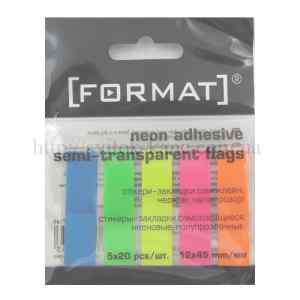 Стікер-закладки, 12 х 45 мм, 100 аркушів, 5 кольорів, Format, неонові, пластикові - фото 1