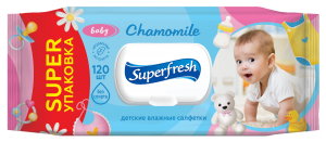 Серветки вологі Superfresh, в упаковці 120 штук, з клапаном, Baby chamomile  - фото 1